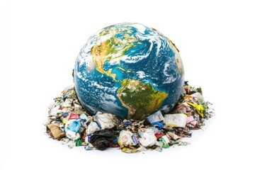 A globe surrounded by trash and waste on a white background, highlighting the issue of pollution