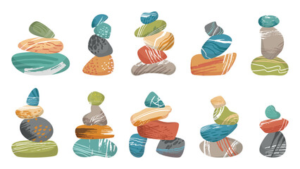 Balance stone pyramids. Isolated pebble pyramide, zen stones piles for spa and wellness. Harmony metaphor, calm mind and relax, neoteric vector set