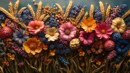 Fototapeta premium A highly detailed 3D outline of intricate wheat grains surrounded by colorful wildflowers.