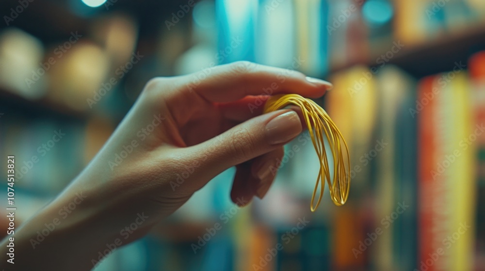 Aufkleber a person holds a yellow string in front of a bookshelf, potentially organizing or searching for book