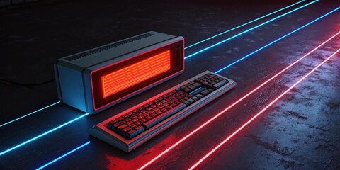 Scrolling Rectangle A long rectangular shape glows in bright red and electric blue with horizontal glitch lines sweeping across giving the illusion of scrolling text in an