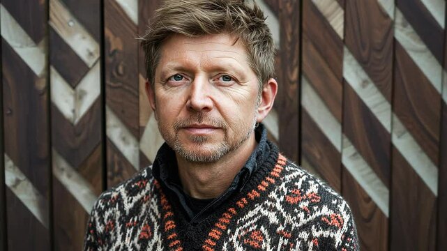 A man in a patterned sweater stands in front of a wooden wall