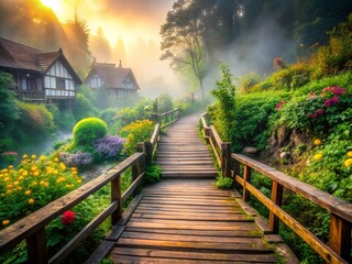 Obraz premium Misty Wooden Path in a Serene Village Surrounded by Nature's Beauty with Wooden Step Stairs Leading into the Foggy Wilderness, Perfect for Evoking Calm and Tranquility