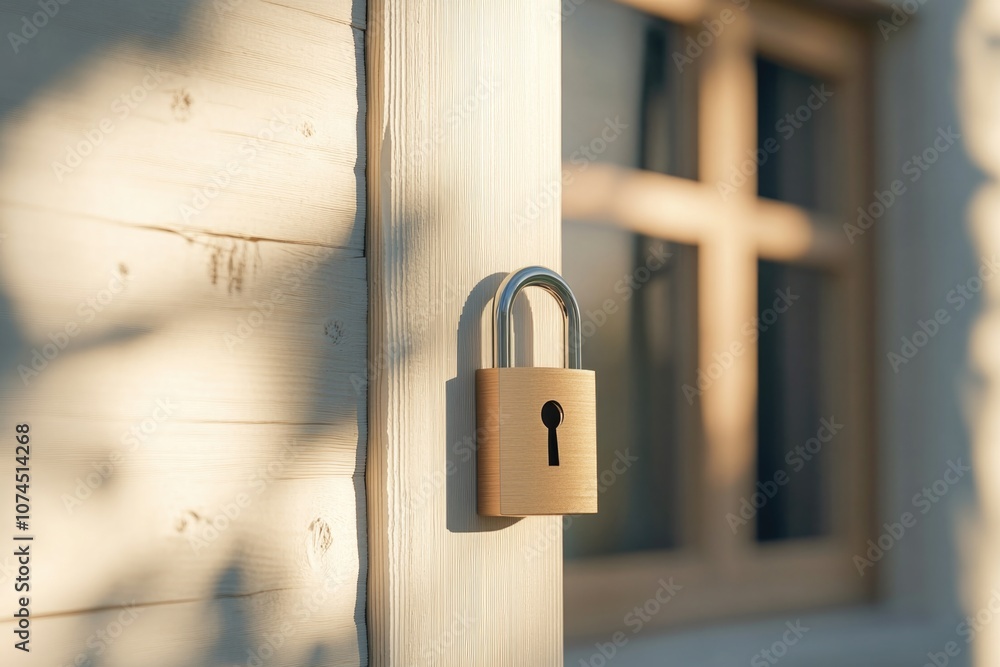 Poster a padlock securing a wooden door with a window visible through the gap