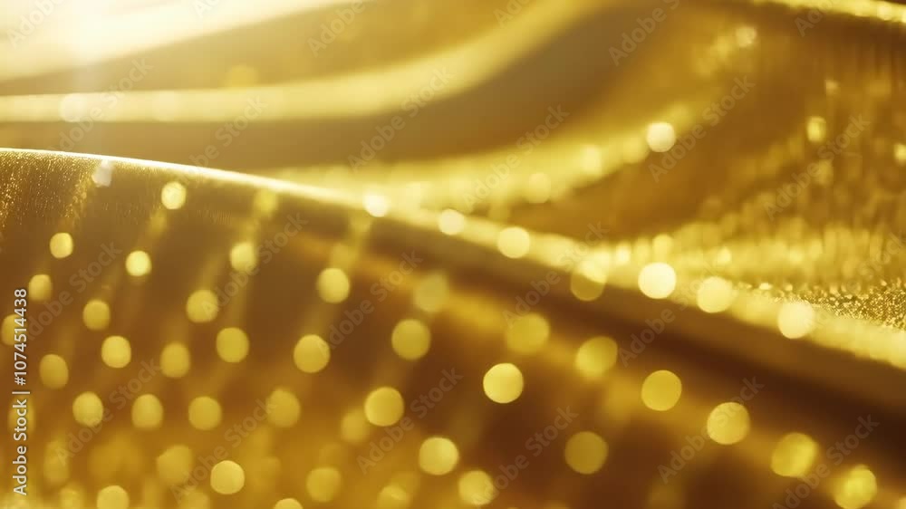 Poster a close-up of golden fabric with a subtle sheen, illuminated by a soft light creating a beautiful bo