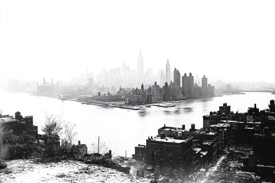 Fototapeta Black and white photograph of a city skyline at night, suitable for use in urban themed designs or as a background image