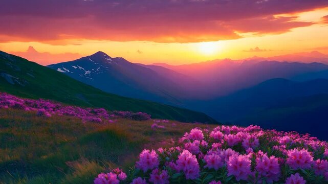A landscape of a sunset with purple and orange altocumulus clouds, above the sea of purple flowers.