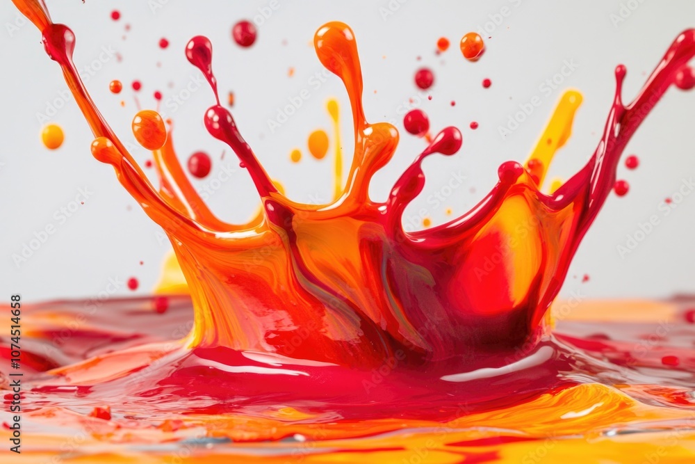 Poster a vibrant and abstract splatter of red and yellow paint on a white surface