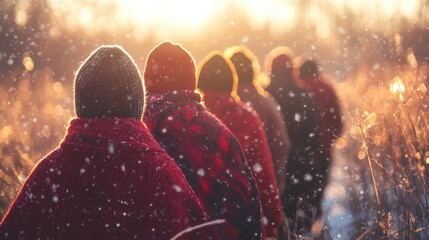 Naklejka premium A group of people wrapped in blankets walking through a snowy landscape during sunset.