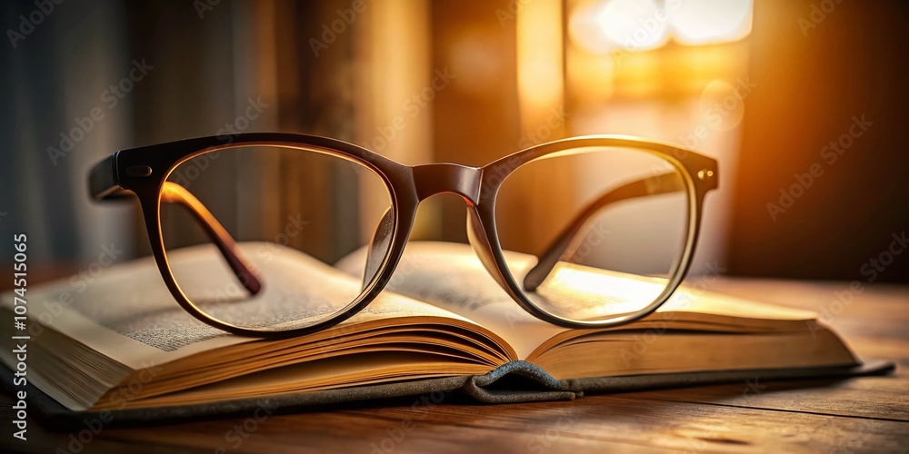 Poster Modern Eyeglasses with Sleek Frames Resting on a Book, Capturing an Intellectual Look in a Minimalist Setting