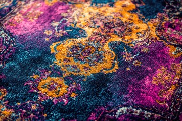 A vibrant close-up shot of an area rug's intricate design and colors