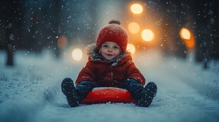A joyful child sledding in winter snow, surrounded by soft falling snowflakes.