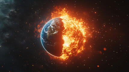 Fototapeta premium Half-Burning Earth Depicting Environmental Crisis and Impact of Global Warming, space view of the world burning