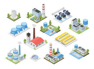 Fototapeta premium Isometric industrial buildings. Factory, plants building with pipes and ladders. Various tanks chimneys warehouse. Flawless industry vector elements
