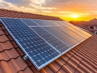 Solar panels on the roof of a residential urban area at sunset  - ai