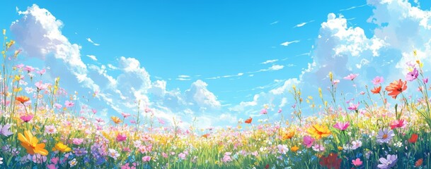 Background with field, flowers, grass and bright blue sky. Copy space. Bright natural background for wallpaper. Banner
