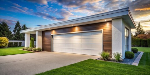 Modern Residential Garage with Sleek White Aluminum Door and Prominent Windows Surrounded by a Lush Manicured Lawn for Contemporary Home Aesthetics