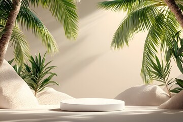 Fototapeta premium Minimalist Smooth White Podium Surrounded by Vibrant Green Tropical Plants in a Peaceful Setting with Soft Textures and Natural Light