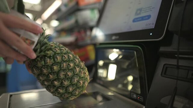 hand holds pineapple over scanner at self-checkout in grocery store, with screen and scanner visible highlighting fresh produce shopping store hand holds pineapple scanner self-checkout grocery store