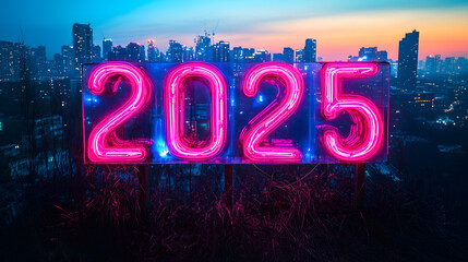 New Year 2025 Number in Neon Cityscape Style