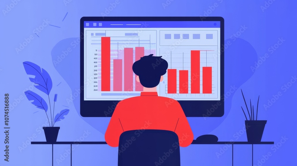 Poster businessman analyzing data on computer screen.