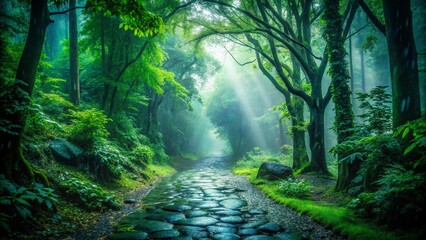 Obraz premium Moody Rainfall on a Forest Pathway Illuminating Wet Stones and Vibrant Emerald Foliage in a Serene Silhouette Style