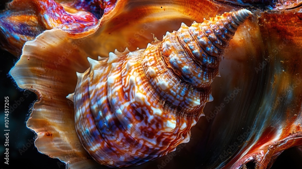 Poster close-up shot of a sea shell on a dark background