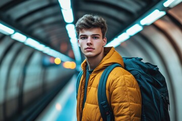 A person standing in a tunnel with a backpack, ready for adventure or travel