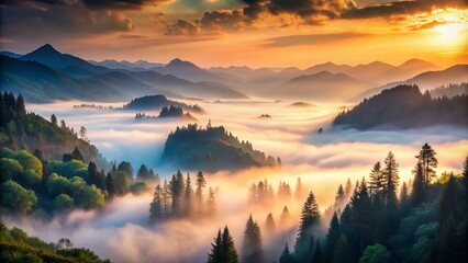 Mystical Foggy Mountain Landscape Surrounded by Lush Forests at Dawn, Capturing the Ethereal Beauty of Nature's Serenity in a Dreamlike Atmosphere