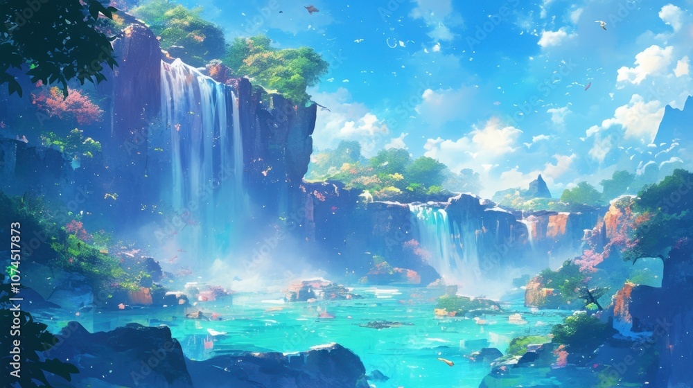 Aufkleber the majestic waterfall cascaded down a cliff face its clear waters creating clouds of sparkling crys