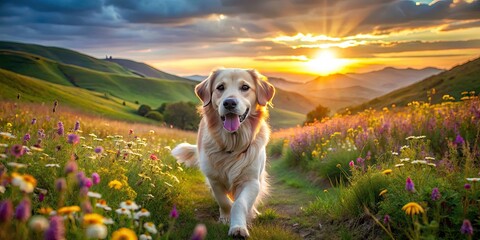 Heavenly Journey of a Golden Retriever in a Lush Landscape: Nature's Tranquility, Serene Canine Adventures, and Peaceful Exploration