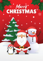 Merry Christmas and Happy new year banner poster vector design with illustration Santa Claus snowman and little penguin standing in front of winter pine tree decorated shining pine tree and Gift box