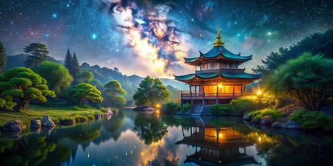 Night Photography of a Serene Watercolor Temple Illuminated by Starry Skies, Capturing Tranquility and Beauty in a Luminous Landscape at Dusk
