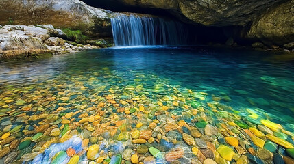 A serene secret waterfall flowing gently into a quiet stream, with colorful pebbles visible beneath the clear water 