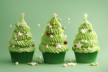 Christmas tree cupcakes with creamy green frosting, decorated with edible pearls, sprinkles, and white sugar for a snowy effect
