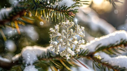 A festive Christmas ornament hangs from a snowy tree branch