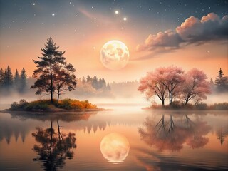 Fototapeta premium Night Photography of Peach Watercolor Inspired Landscapes, Capturing the Subtle Hues and Fluidity of Nature Under Moonlight, Perfect for Artistic and Serene Visuals