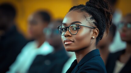 Obraz premium Confident Young Woman with Glasses in a Business Attire at a Conference, Showcasing Professionalism and Engagement in a Crowd of Attentive Listeners
