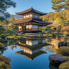 Golden Reflection Tranquil Japanese Garden with a Traditional Pagoda in Autumn, Kyoto