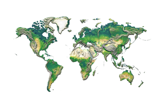 Peaceful illustration of physical world map isolated on transparent white