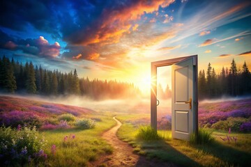 Open Door Symbolizing New Opportunities in a Surreal Setting with Dreamy Light Effects for a Captivating Visual Experience