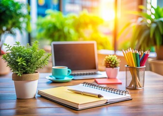 Fototapeta premium Open Notepad on a Desk with a Blank Page Ready for Ideas, Surrounded by Office Supplies and a Calm Workspace Atmosphere for Creativity and Productivity