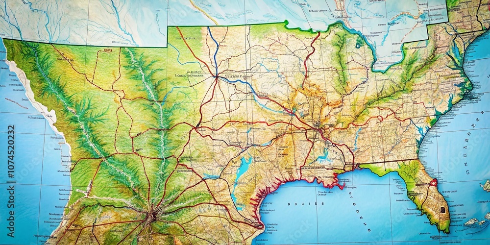 Poster outline drawing of louisiana state map with intricate details, showcasing its unique geography and b