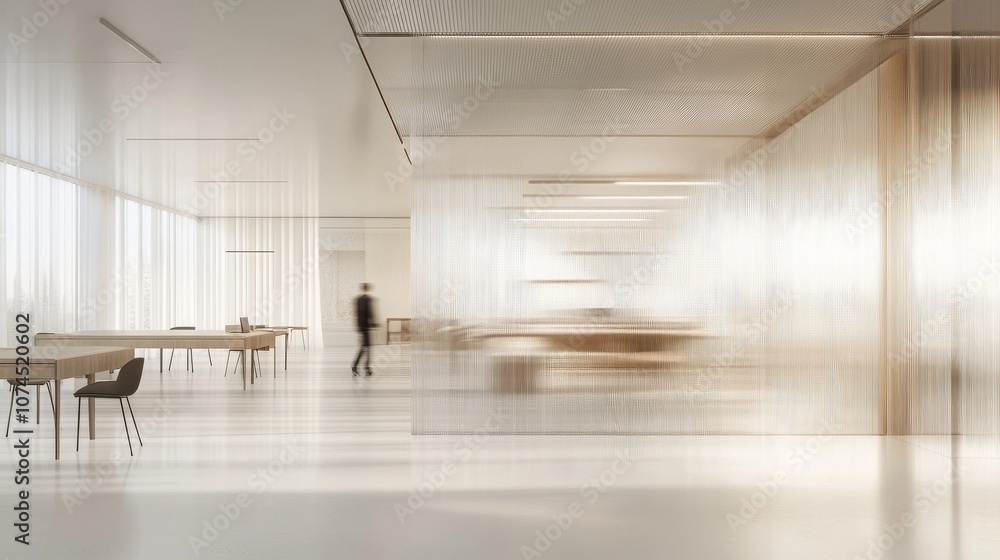 Poster a modern workspace with a professional walking through a blurred background, showcasing minimalist d