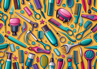 Obraz premium Panoramic Pattern of Hairdressing Tools Featuring Hairdryers, Clippers, Combs, Scissors, Hair Bulbs, Clips, and Bobby Pins for Stylish Salon Designs
