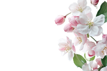 A frame of delicate pink and white blossoms with green leaves on the edges, against a white background, in high-resolution photography.