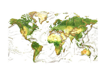 Serene view of detailed physical world map against clean white backdrop