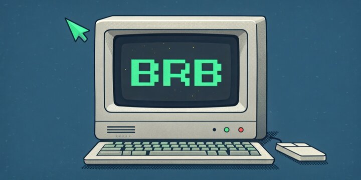 Retro Computer Screen A BRB banner styled like an oldschool computer interface with a green text cursor blinking beside the pixelated letters. The background imitates a classic CRT