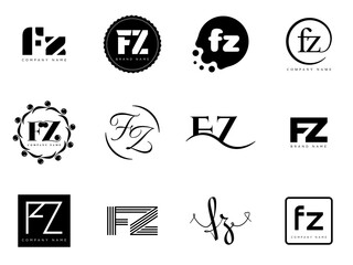 FZ logo company template. Letter f and z logotype. Set different classic serif lettering and modern bold text with design elements. Initial font typography.