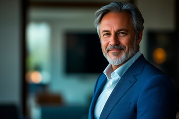 Obraz premium Confident businessman with gray hair in a smart suit smiling indoors, businessperson with copy space for text, company CEO